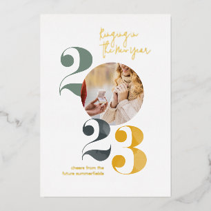 New Year Engagement Photo Gold Foil Holiday Card