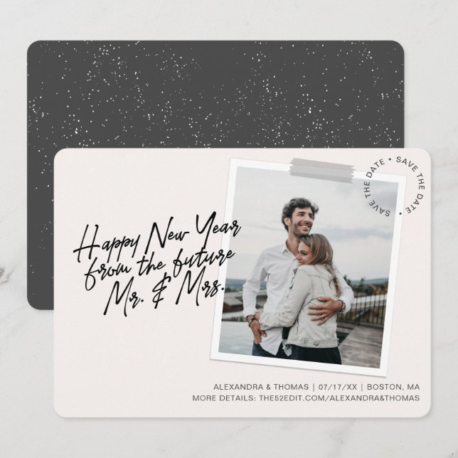 New Year Engagement Save The Date Creme Photo Holiday Card (Front/Back)
