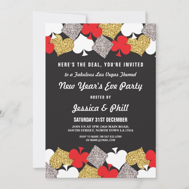 New Year Eve Party Las Vegas Casino Glitter Invite (Front)