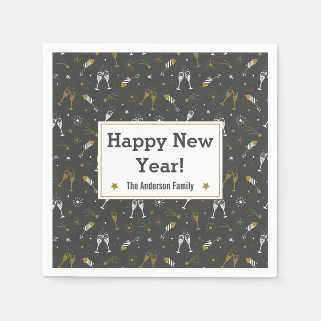 New Year Fireworks and Champagne black gold white Napkin (Front)