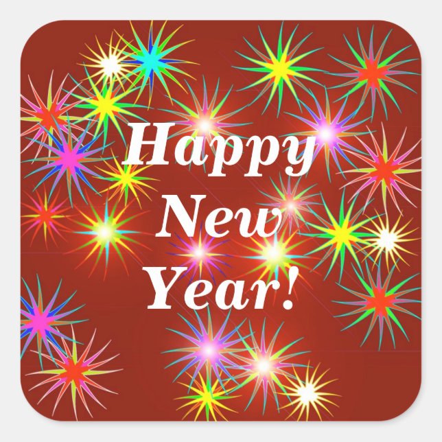 New Year Fireworks Flash on Red Square Sticker (Front)