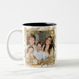 New year Frame with Gold Pine  Photo Family 2026 Two-Tone Coffee Mug