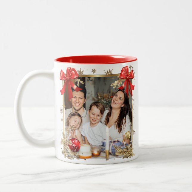 NEW YEAR Frame with Gold Pine  Photo Family 2026 Two-Tone Coffee Mug (Left)