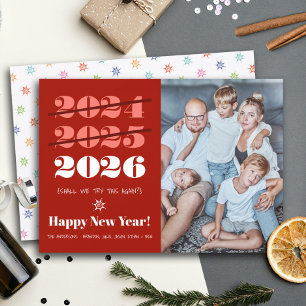 New Year Funny 3rd Time a Charm Modern Red Photo Holiday Card