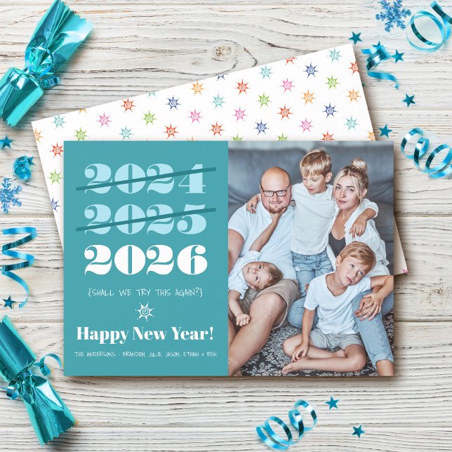 New Year Funny 3rd Time a Charm Modern Teal Photo Holiday Card (Creator Uploaded)