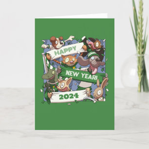 New Year Funny Animal Sports Fans Scarf Cartoon Thank You Card