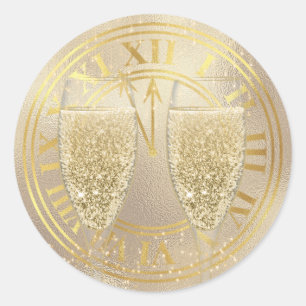 New Year Gold Champagne Glasses on Clock Classic Round Sticker