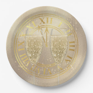 New Year Gold Champagne Glasses on Clock Paper Plate