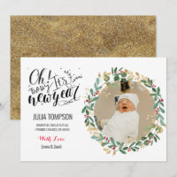 New Year Gold Floral Green Baby Birth Announcement