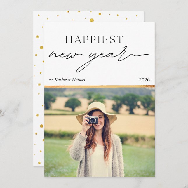 New Year Gold Photo Simple Holiday Card (Front/Back)