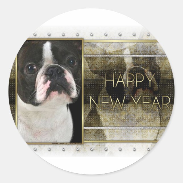 New Year - Golden Elegance - Boston Terrier Classic Round Sticker (Front)