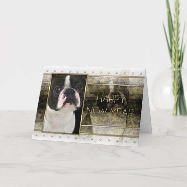 New Year - Golden Elegance - Boston Terrier Holiday Card (Front)