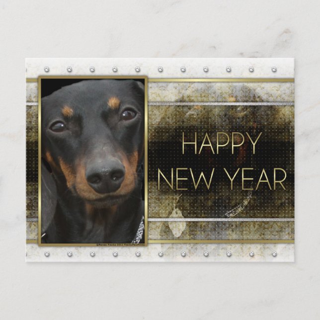 New Year - Golden Elegance - Dachshund Winston Holiday Postcard (Front)