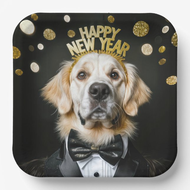 New Year Golden Retriever In a Tuxedo Paper Plate (Front)