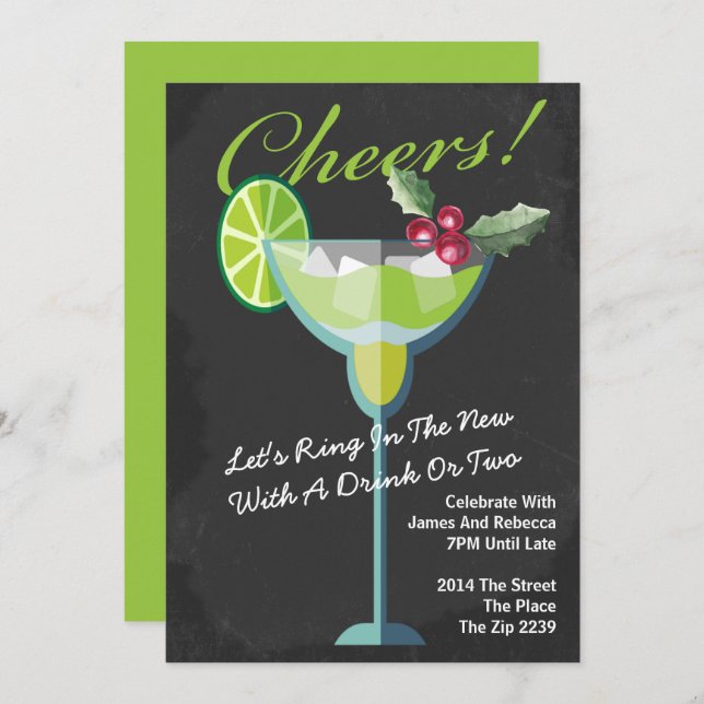 New Year Green Cocktail Party Personalised Invitation (Front/Back)