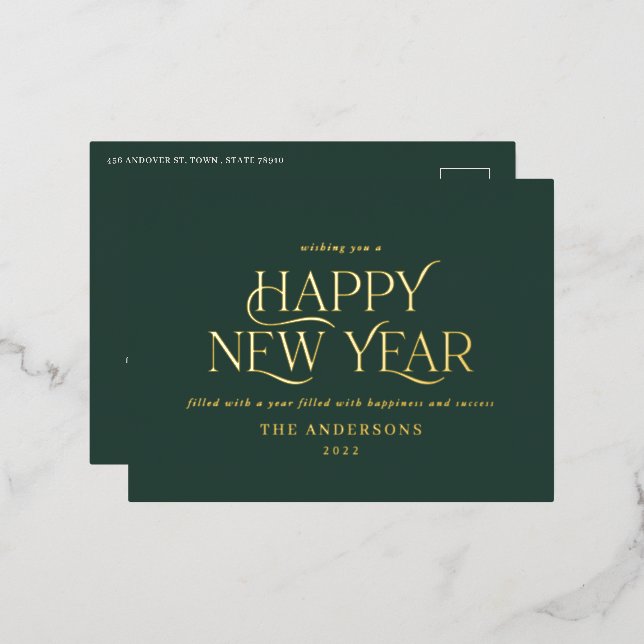 New year green elegant minimal modern traditional foil holiday postcard (Front/Back)