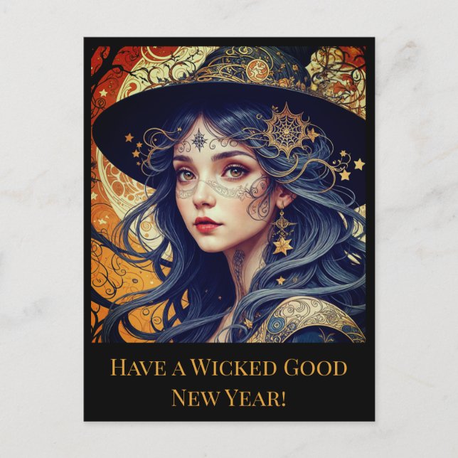 New Year Greeting Blue-haired Tattooed Witch Holiday Postcard (Front)