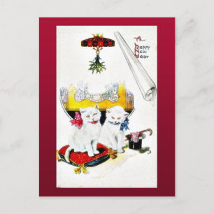 New year greeting with two cats sitting holiday postcard