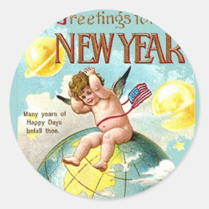 New Year Greetings Cherub Globe Vintage Postcard Classic Round Sticker