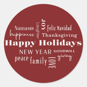 New Year Holiday Many Greetings Burgundy Classic Round Sticker