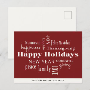 New Year Holiday Many Greetings Burgundy Postcard