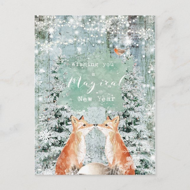 new year holiday winter robin foxes postcard (Front)