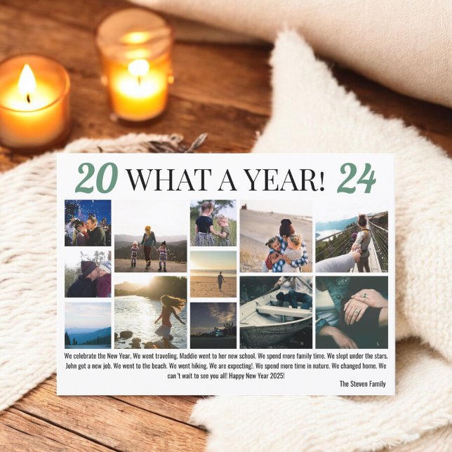 New Year in review 12 photos collage grid green Holiday Card (New Year in review 12 photos collage grid green Holiday Card)