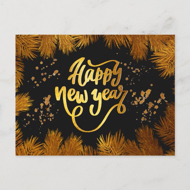 New Year Invitation Pine Gold Company Party Postcard (Front)