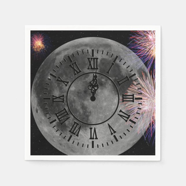 New Year Midnight Clock On Moon Napkin (Front)