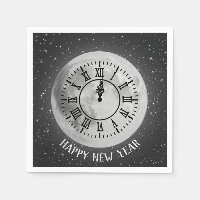 New Year Midnight Clock On Moon Napkin (Front)
