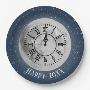 New Year Midnight Clock On Moon Paper Plate
