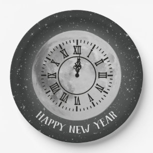 New Year Midnight Clock On Moon Paper Plate