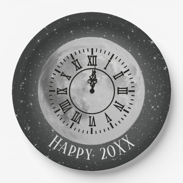 New Year Midnight Clock On Moon Paper Plate (Front)