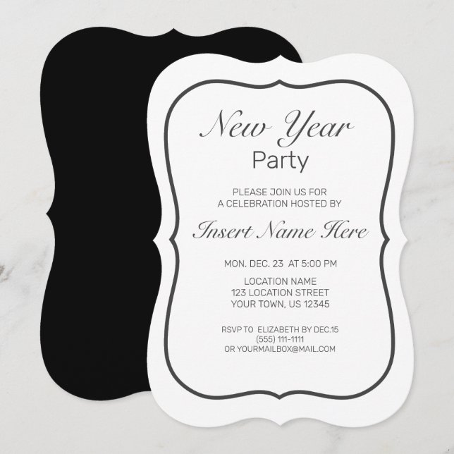 New Year Modern Minimalist White Black Invitation (Front/Back)
