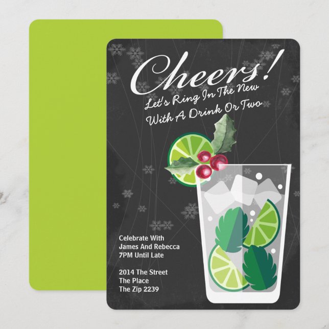 New Year Mojito Cocktail Party Personalised Invitation (Front/Back)