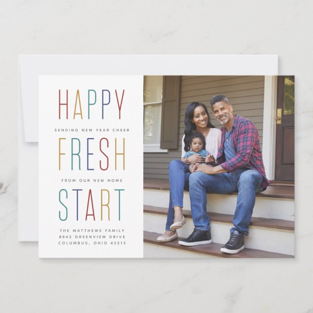 New Year moving announcement colourful photo card (Front)