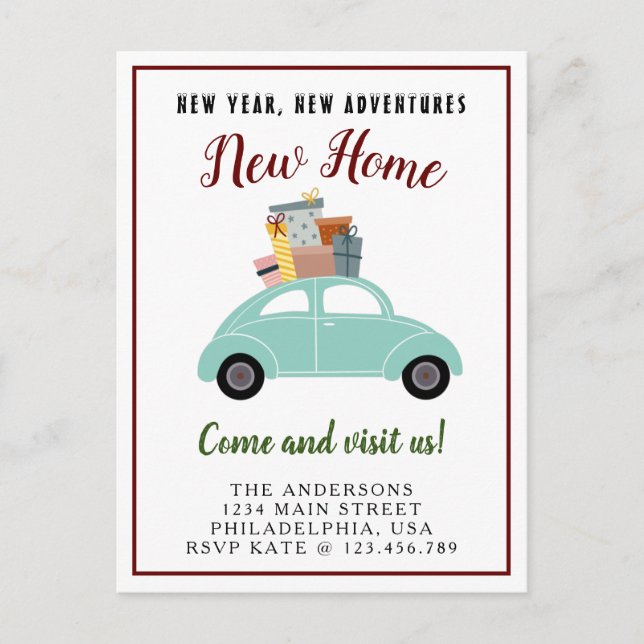 New Year New Adventure New Home Christmas Cyan Car Announcement Postcard (Front)