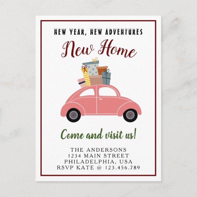 New Year New Adventure New Home Christmas Pink Car Announcement Postcard (Front)