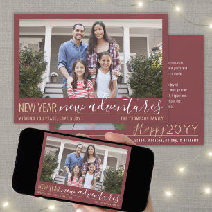 New Year New Adventures 2 Photo Burgundy and Gold Holiday Card