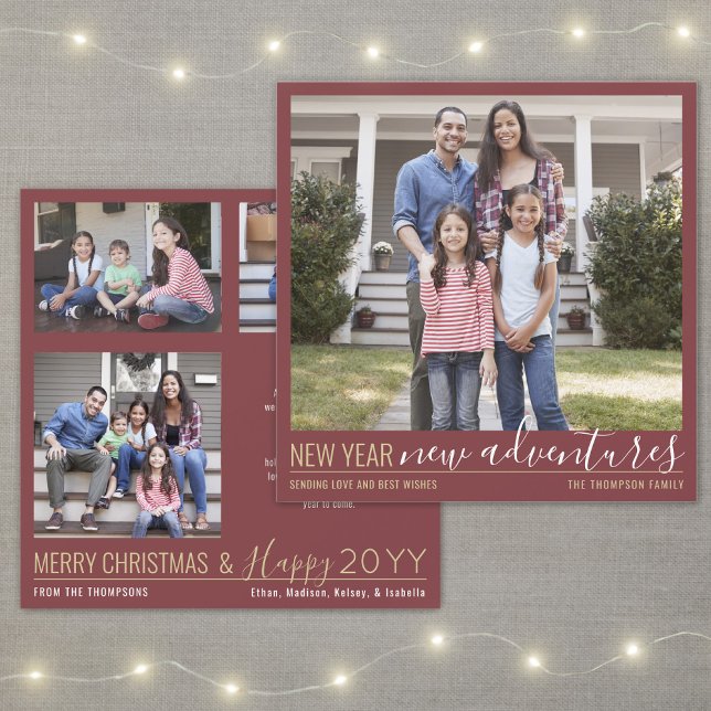 New Year New Adventures 4 Photo Burgundy and Gold Holiday Card (Creator Uploaded)