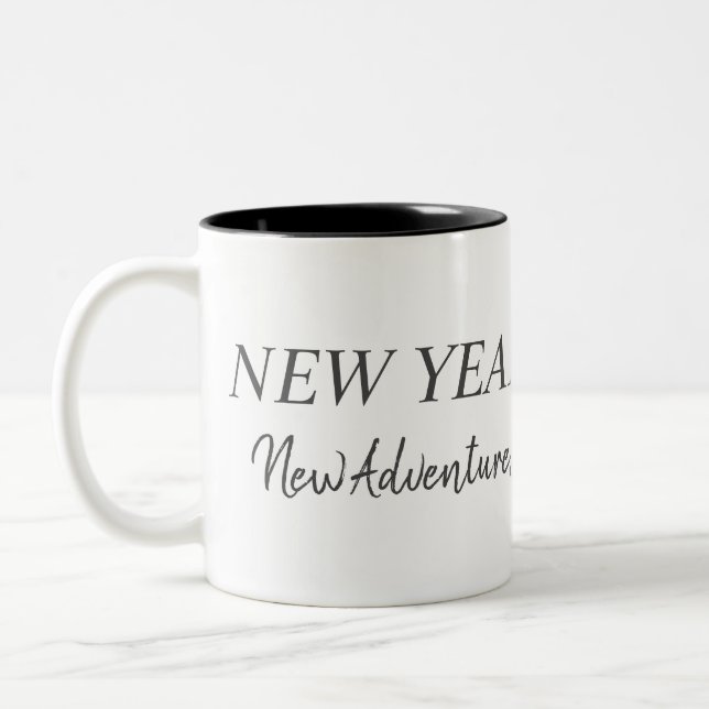 New Year New Adventures | Black & White Typography Two-Tone Coffee Mug (Left)