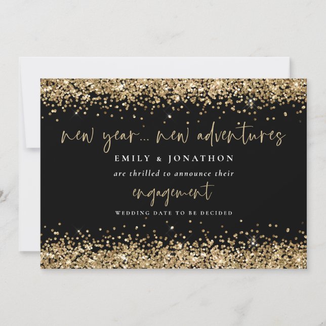 New Year New Adventures Gold Glitter Engagement  Announcement (Front)
