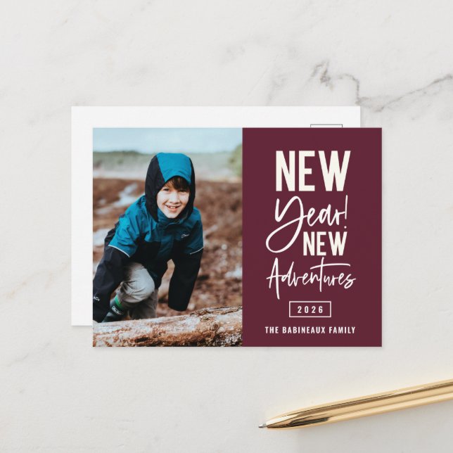 New Year New Adventures Photo Holiday Postcard (Front/Back In Situ)