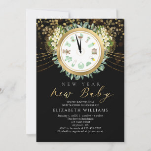 New Year New Baby Clock Gold Black Baby Shower Invitation