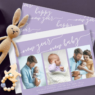 New Year New Baby Elegant Script 3 Photo Lilac Hol Holiday Card