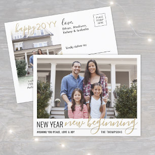 New Year New Beginning 2 Photo Modern Gold Script Holiday Postcard