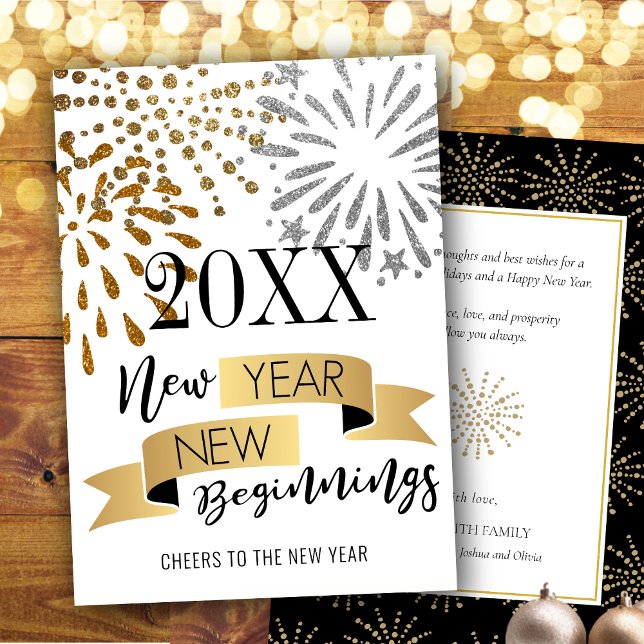 New Year New Beginnings Festive Fireworks Gold Holiday Card (Creator Uploaded)