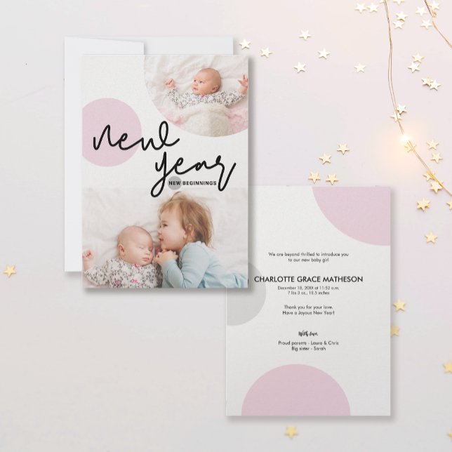 New Year New Beginnings Pink Dots Baby girl photos Announcement (Creator Uploaded)