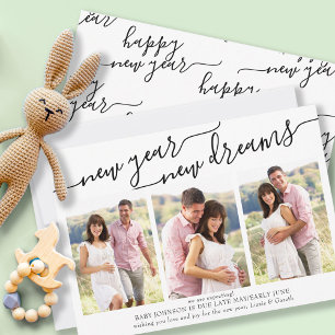 New Year New Dreams Elegant Script 3 Photo Holiday Card