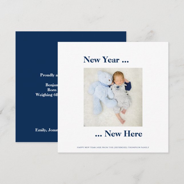 New Year New Here Photo Baby Boy Birth Navy Blue (Front/Back)